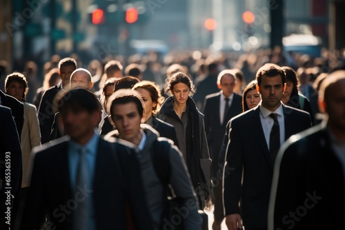 Crowd of business commuters people walking city street in the morning photo