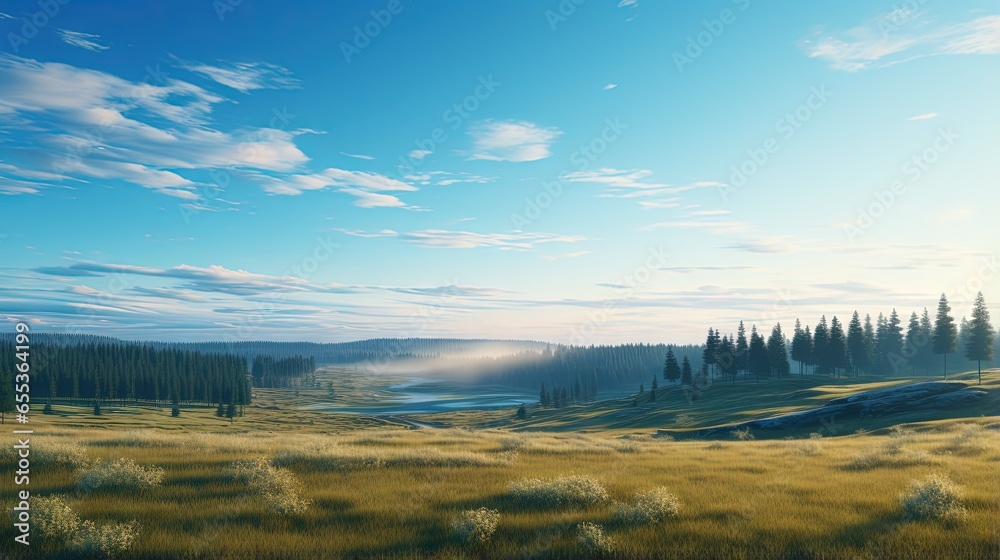  a grassy field with trees and a river in the distance.  generative ai