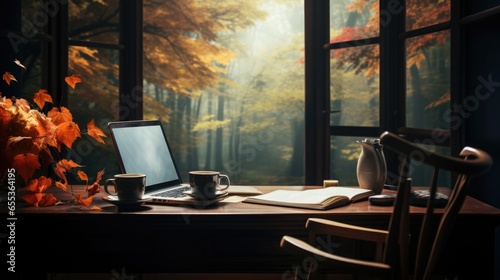 Typewriter on an autumn background. Writer's workplace. National Novel Writing Month concept. photo