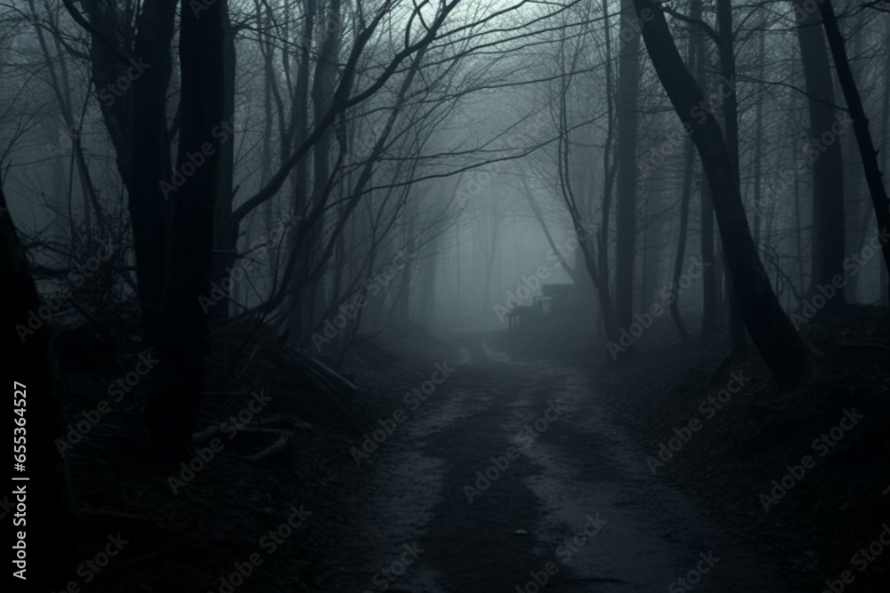 Eerie gloomy woods setting with a somber atmosphere. Ominous, spooky, macabre, creepy, desolate, haunting, melancholy, sinister, mysterious. Generative AI - obrazy, fototapety, plakaty 