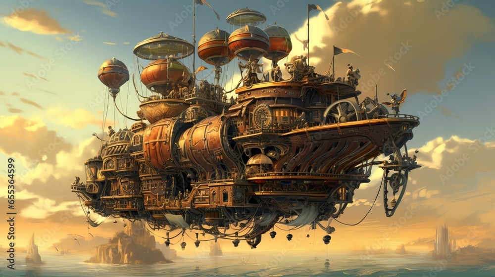 Visualize a steampunk-inspired island with mechanical creatures, gears, and steam-powered airships soaring above. - obrazy, fototapety, plakaty 