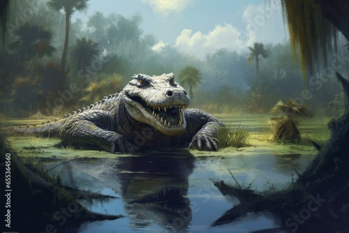 An alligator sunning in a swamp. Generative AI