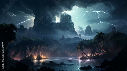 Picture an island surrounded by a perpetual storm, where lightning illuminates the landscape, revealing ancient ruins and towering monoliths.