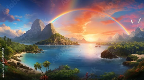 Imagine an island enveloped in a perpetual rainbow, where vibrant hues arch across the sky, illuminating the land with a kaleidoscope of colors. photo