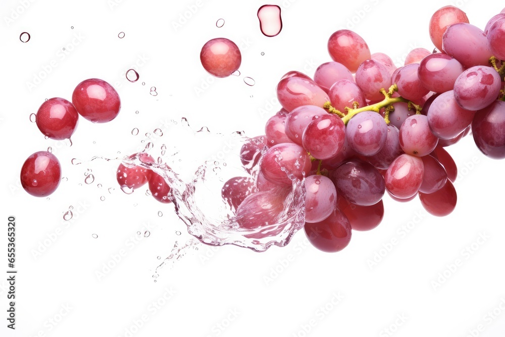 Juicy purple grapes splashing in crystal-clear water, revealing their sweet and refreshing juice.