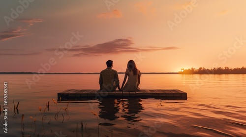 a young man and woman sitting at the shore during sunset, in the style of photo-realistic landscapes, cabincore, zen minimalism, cinestill 50d, traditional, die brücke, eye-catching photo