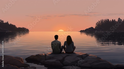 a young man and woman sitting at the shore during sunset, in the style of photo-realistic landscapes, cabincore, zen minimalism, cinestill 50d, traditional, die brücke, eye-catching photo