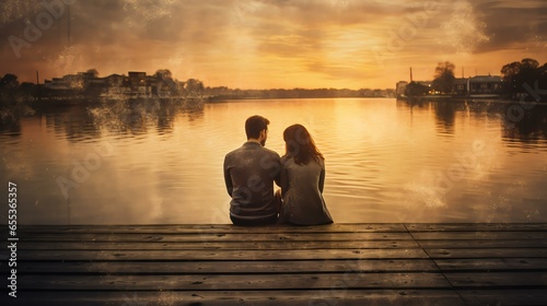 couples on a wooden platform overlooking body of water at sunset, in the style of nostalgic mood, everyday life, wimmelbilder, traditional, soft-focus, dark gray and amber, textured canvas photo