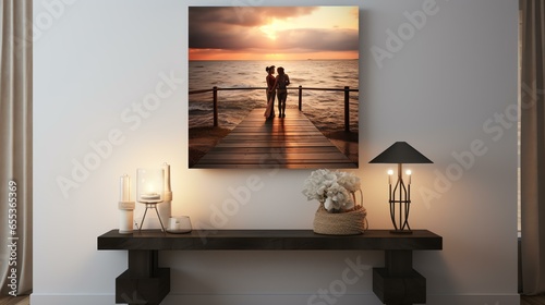 couples on a wooden platform overlooking body of water at sunset, in the style of nostalgic mood, everyday life, wimmelbilder, traditional, soft-focus, dark gray and amber, textured canvas photo