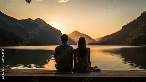 A couple watching the sun set on a dock by a calm mountain lake. Use a Hasselblad camera with a 85mm lens at F 1.2 aperture setting