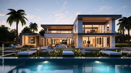 3d rendering of modern cozy house with pool and parking for sale or rent in luxurious style by the sea or ocean at sunset. © Iman