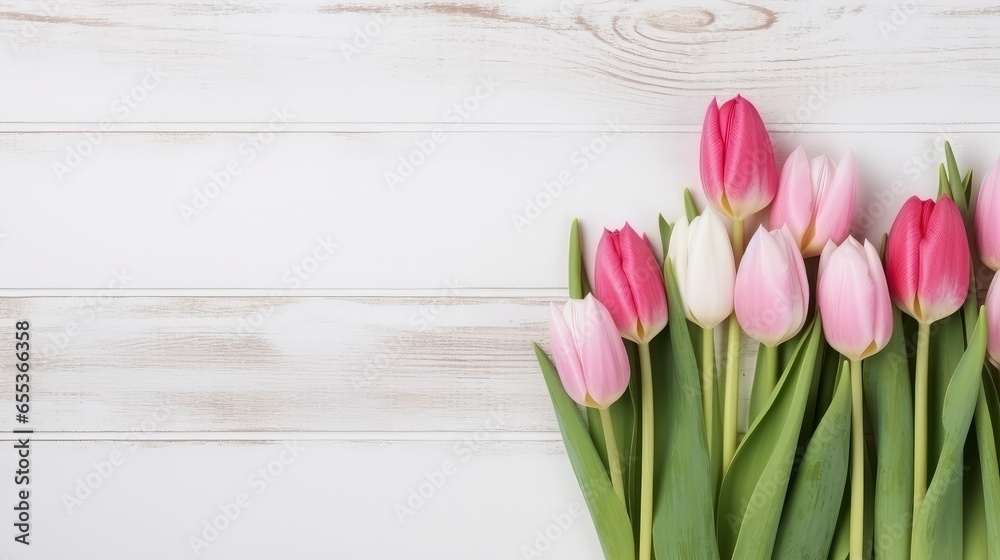 Top view of pink and white tulips on bright wood Top view of pink and white tulips on bright wood