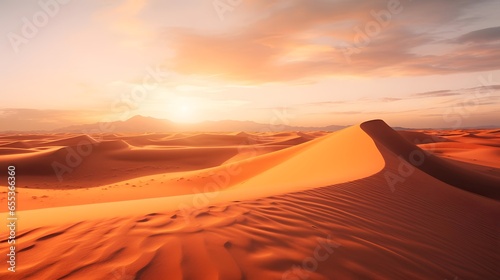 Desert panorama. Sunrise over sand dunes. 3d render
