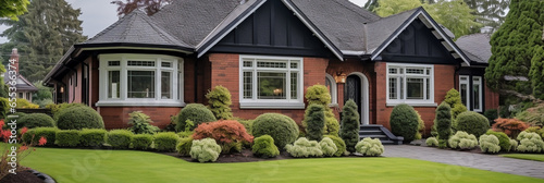 Victorian style red brick family villa house exterior with black roof tiles. Beautiful landscaped front yard with lawn and pruned shrubs photo