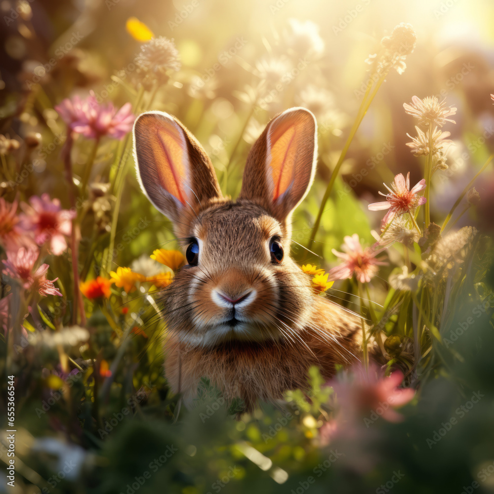 A rabbit alone in the wilderness among wild flowers A rabbit alone in the wilderness among wild flowers