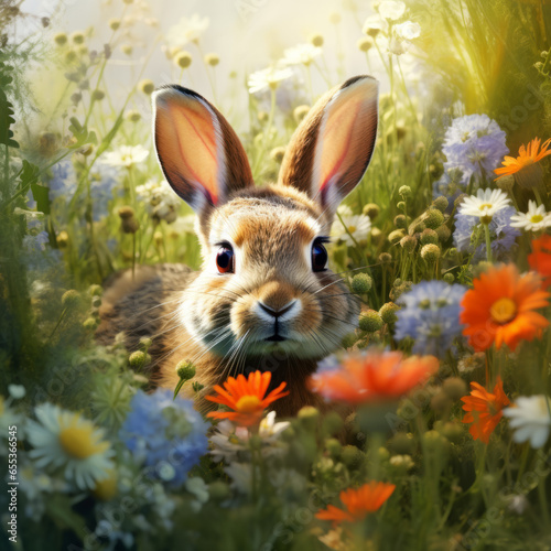 A brown rabbit peeking through wild flowers in a meadow