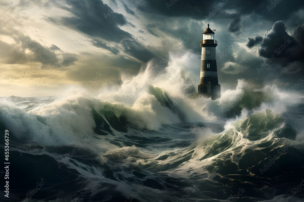 A solitary lighthouse against a dramatic, stormy sea, symbolizing resilience.