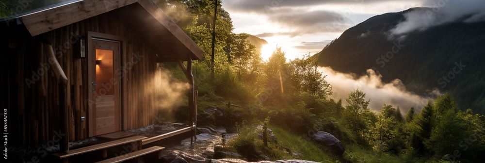 Outdoor sauna on top of mountain in nature