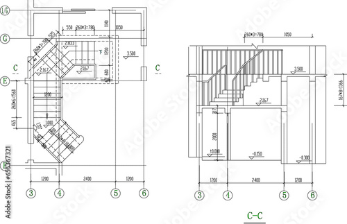 Vector sketch illustration of architectural design of corner stairs of multi-storey building with size scale
