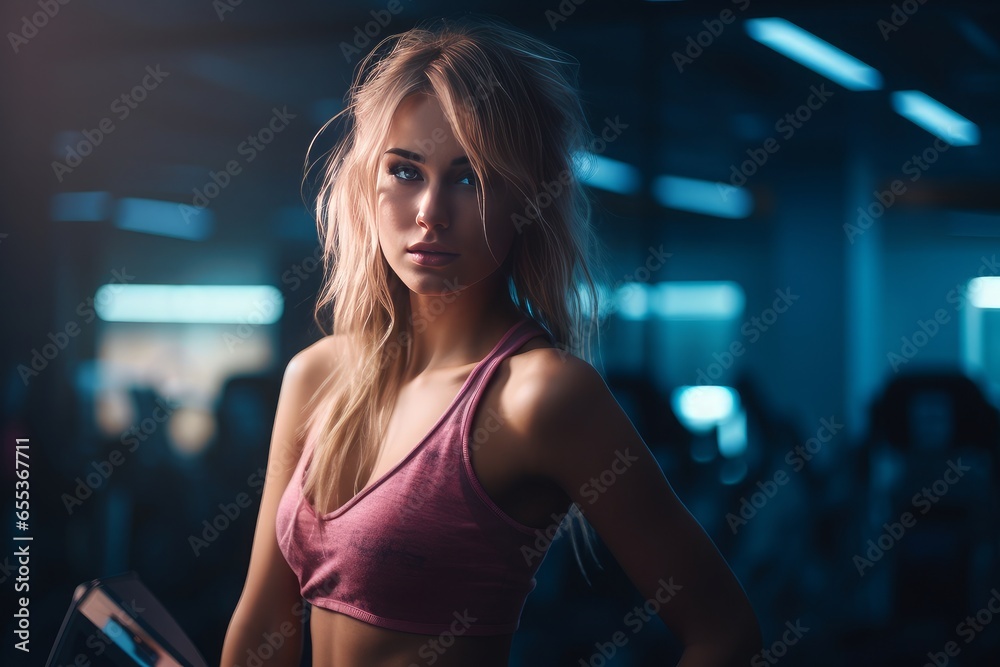 A young blonde in gym. Generative AI.