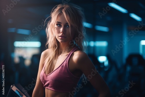 A young blonde in gym. Generative AI. © YULIIA