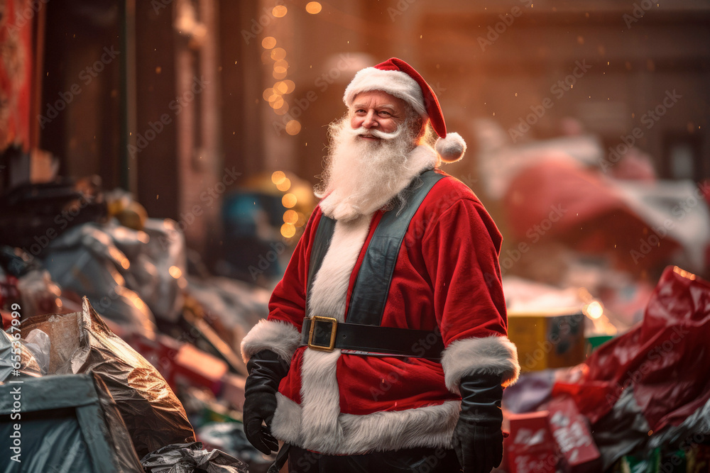 Christmas Capitalism's Cleanup Call. Santa Claus Takes Action Against the Pollution of Excessive Gifts, Signaling a Shift Towards Environmental Responsibility. Eco-Aware Santa.

