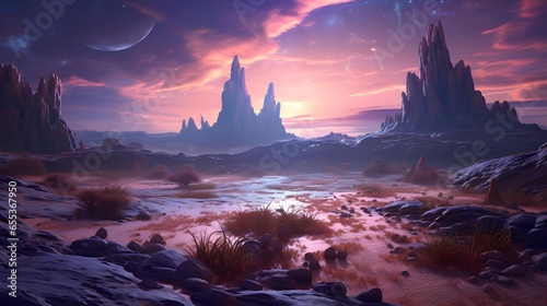 Fantasy alien planet. Mountain and lake. 3D illustration.