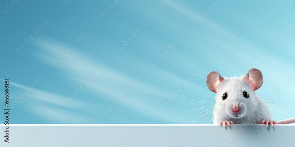 light blue banner with a cute little curious mouse, with copy space