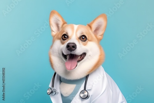 Portrait of cute dog in the clothes of doctor on pastel background. © Pacharee