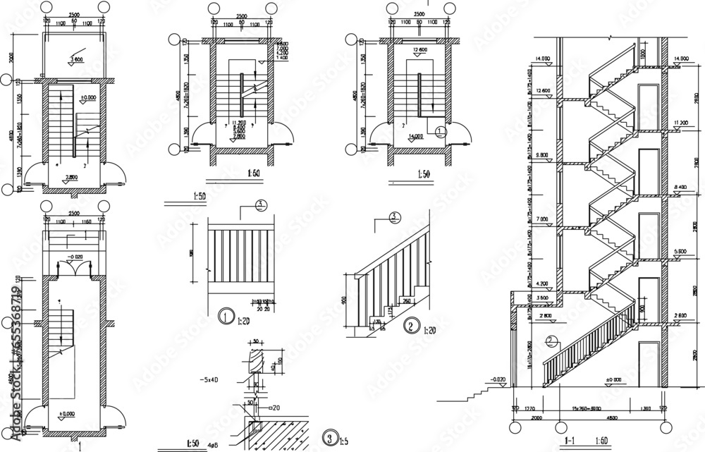 Vector sketch illustration of the architectural design of an emergency staircase for a multi-story building with a size scale