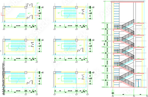 Vector sketch illustration of the architectural design of a multi-storey building emergency staircase with a size scale