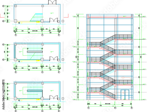 Vector sketch illustration of the architectural design of a multi-storey building emergency staircase with a size scale