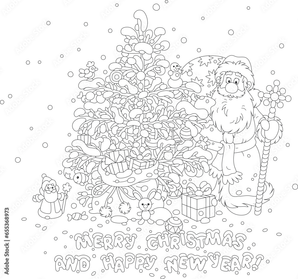 Merry Christmas and happy New Year card with Santa Claus holding his gift bag and a magical staff looking out from behind a decorated fir tree, black and white vector cartoon illustration Merry Christmas and happy New Year card with Santa Claus holding his gift bag and a magical staff looking out from behind a decorated fir tree, black and white vector cartoon illustration