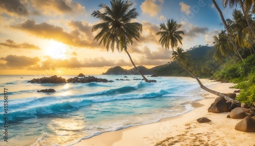 The blue beach of a tropical paradise island sunset with a green landscape of coconut trees.