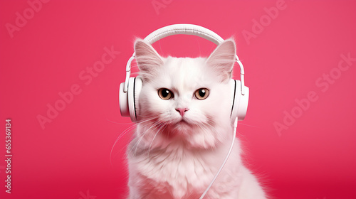 Adorable White Cat with White Wired Headset on Pink Background
