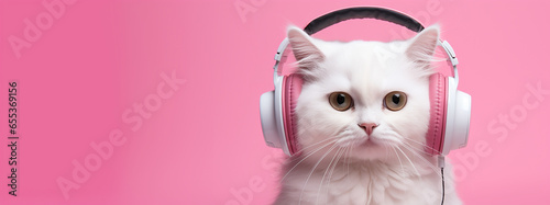 Adorable Cute White Cat with Pink and White Wired Headset on Light Pink Copy Space Background