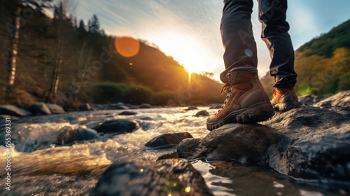 A nature-loving hiker with their hiking boots walks near a stream in the forest in search of adventure at dawn. copy space