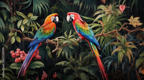  two colorful parrots sitting on a tree branch in a forest.  generative ai