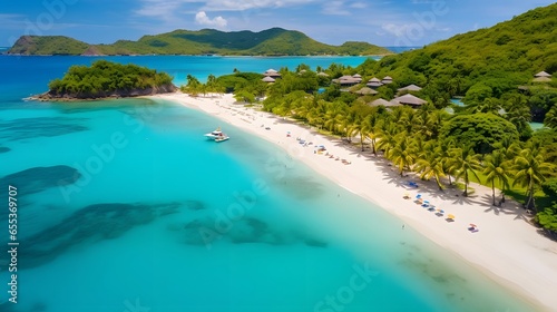Aerial view of beautiful tropical beach with white sand, turquoise water and blue sky. © Iman
