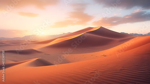Panorama of sand dunes in the desert at sunset. 3d rendering