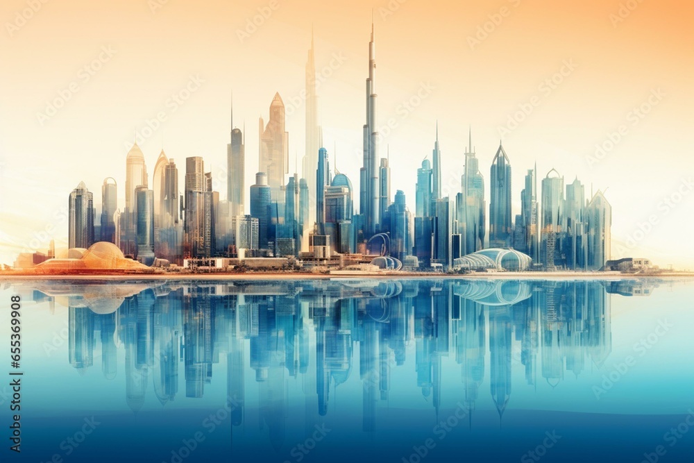 Dubai landmarks showcased through gradient layers with a see-through cityscape. Generative AI