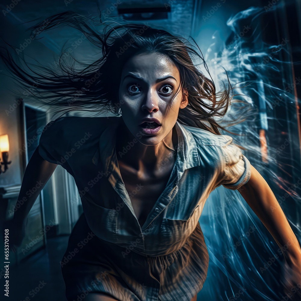 Close-Up Eye-Angle View of a Frightened Woman Running Through a Dark City Street