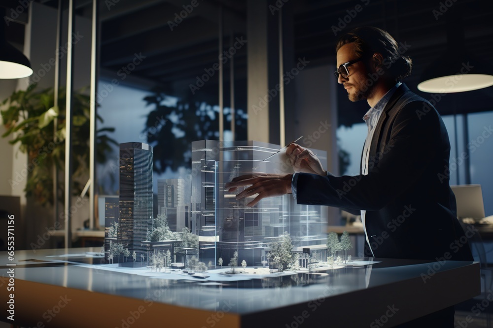 An engineer works on his architectural project by using an Augmented Reality device.