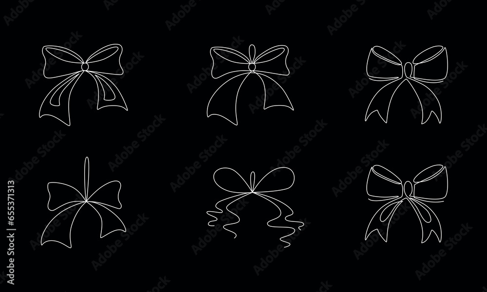 Tied ribbon bow hand drawing one line set. Vector stock illustration ...