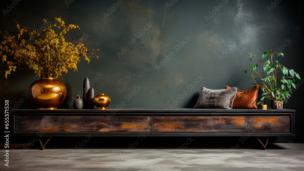 interior design for wall decoration and home. wooden table with a blue wall. interior design for wall decoration and home. wooden table with a blue wall.