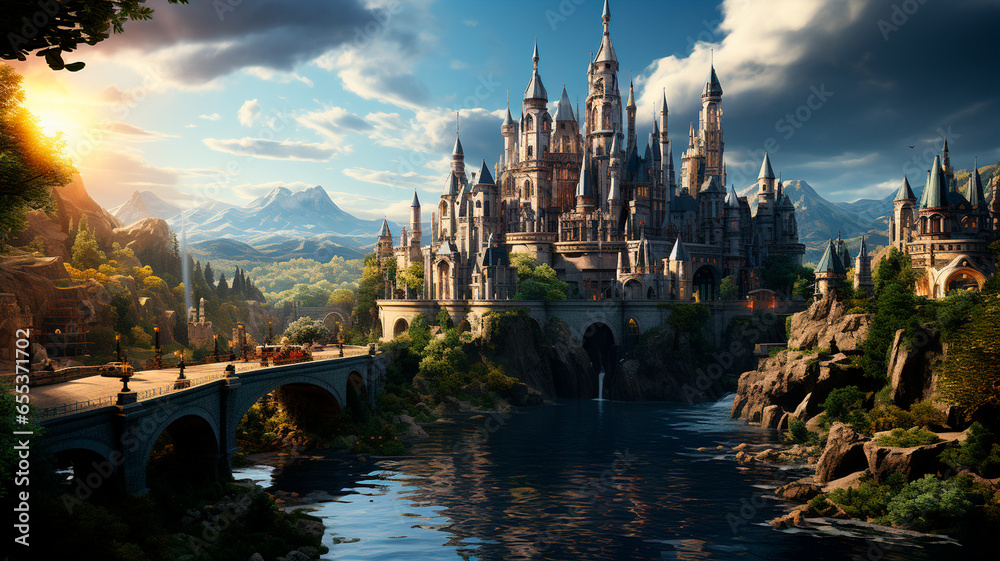 fantasy landscape with lake and castle - obrazy, fototapety, plakaty 