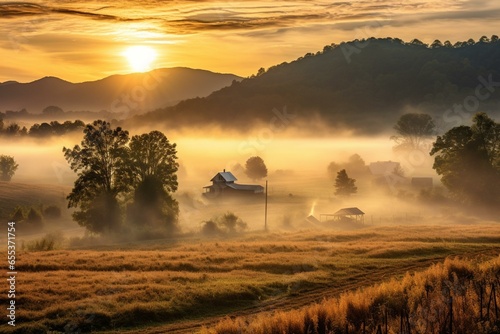 Sunrise over foggy mountain valley with farmland, corn fields, and farm houses in Tennessee. Generative AI