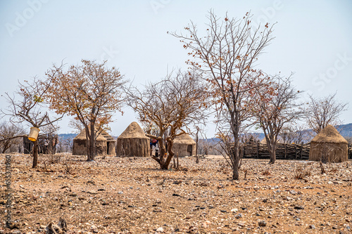 A view looking towards in a Himba tribe village in Namibia in the dry season photo