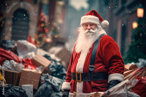 Christmas Capitalism's Cleanup Call. Santa Claus Takes Action Against the Pollution of Excessive Gifts, Signaling a Shift Towards Environmental Responsibility. Eco-Aware Santa.