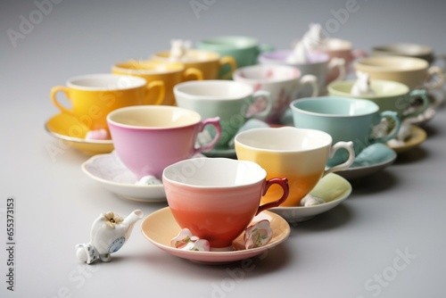 a cute arrangement of small colorful tea cups for tea time. Generative AI